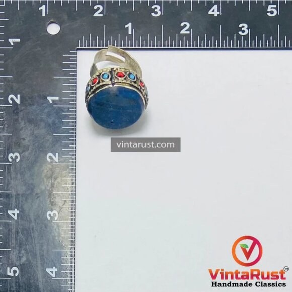 Lapis Stone Ring, Handmade Kuchi Ring, Tribal Ethnic Ring, Lapis Lazuli Jewelry, - Picture 4 of 11